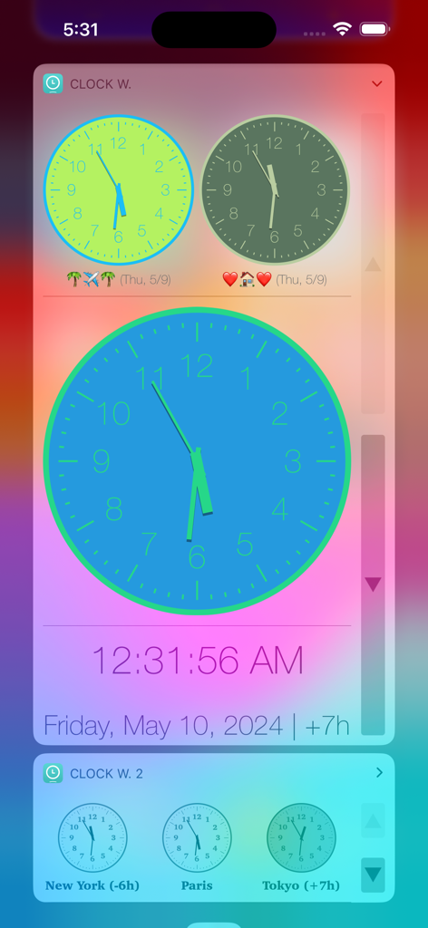 Clock Widget - Ein iPhone-Bildschirm, der verschiedene anpassbare analoge und digitale Uhren-Widgets für mehrere Zeitzonen anzeigt.
