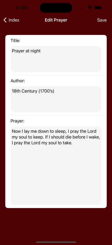 제목, 저자 및 기도 내용 필드가 있는 기도 지킴이 앱의 기도 편집 화면