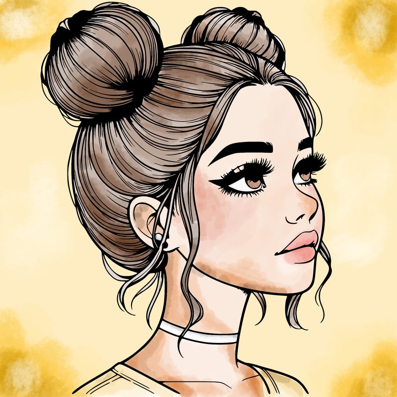 realistic girl with buns on the top of her head
