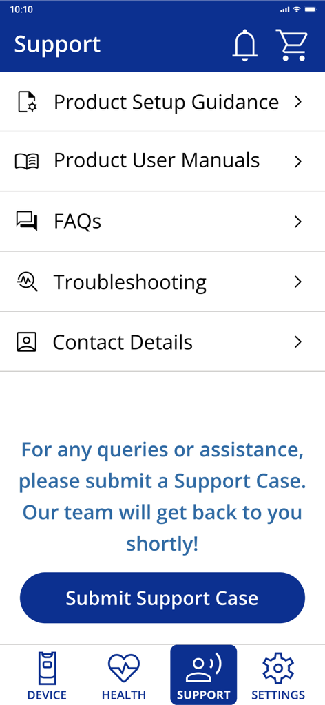 Inogen Connect Portable Oxygen - Support screen of the Inogen Connect app showing options for product setup user manuals FAQs and troubleshooting