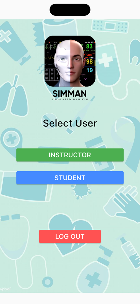 Simman - Benutzerauswahlbildschirm der medizinischen Simulations-App Simman mit Optionen für Instruktor und Student.