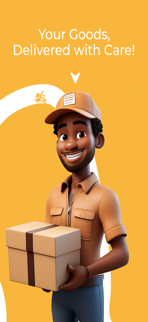A smiling 3D delivery rider holding a package in front of a yellow background