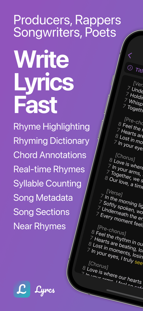 Interface of the Lyrcs app for rappers and songwriters featuring syllable counting and rhyme highlighting