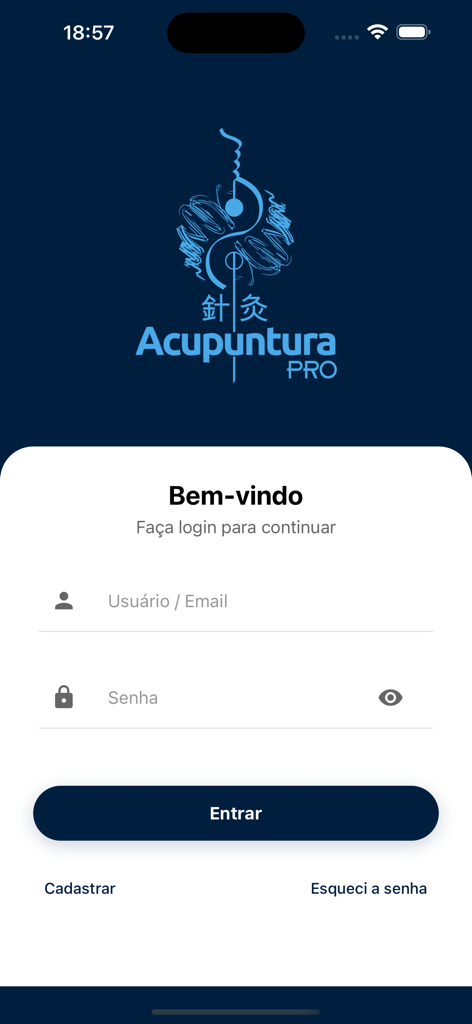 Acupuntura Pro - Pantalla de inicio de sesión de la aplicación móvil Acupuntura Pro para practicantes de acupuntura