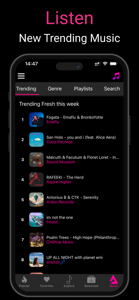 Offline Music Player ‣‣ - Trending music chart in the Offline Music Player app displaying fresh tracks for the week