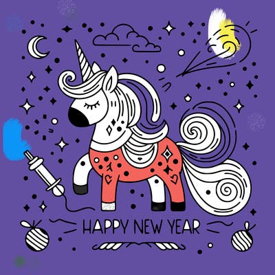 happy new year illustration calligraphic style outline; thin lines; light colors
