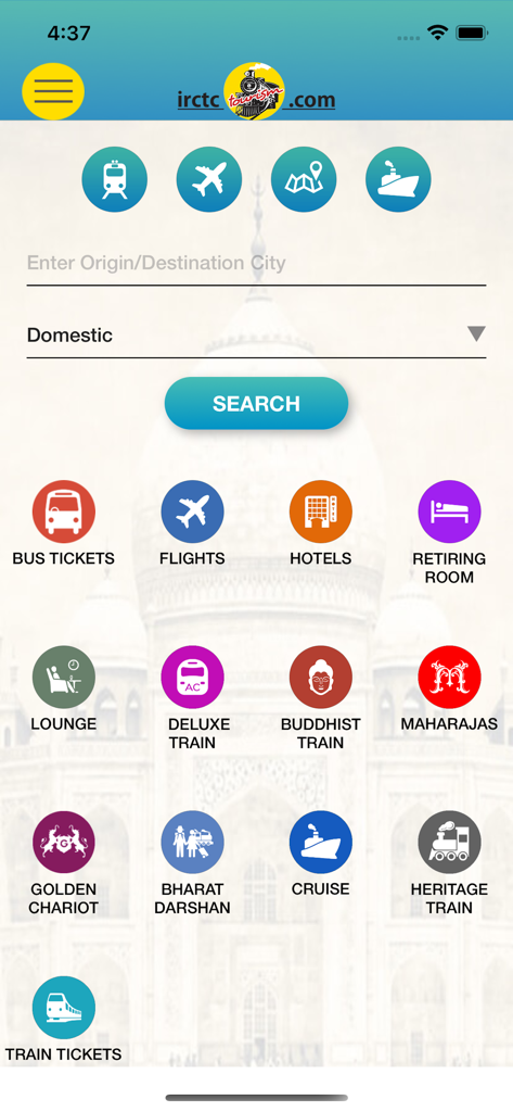 Home screen of the IRCTC Tourism app showing travel booking icons for trains, flights, hotels, and buses.