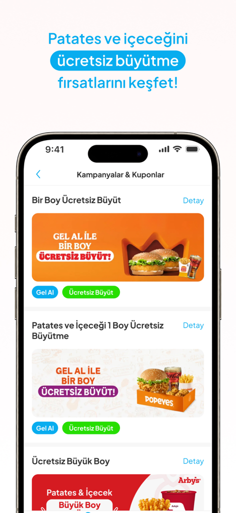 Uno schermo mobile dell'app Tikla Gelsin che mostra promozioni e coupon di cibo per Burger King e Popeyes.