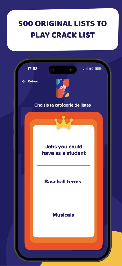 Crack Party Games - A smartphone displaying original game categories in the Crack Party Games app including student jobs and baseball terms.