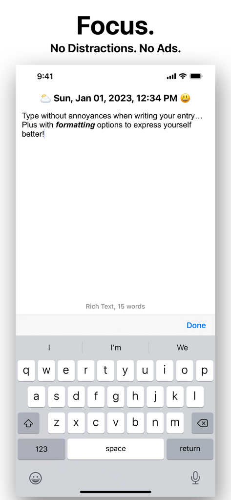 Personal Diary (Journal) App - Interfaz de escritura minimalista de la aplicación Diario Personal que muestra una pantalla de entrada de diario sin distracciones con iconos de estado de ánimo y clima