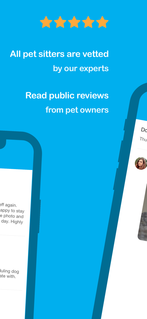 Pawshake - Dog & Pet Sitter - Pawshake app screen showing five star ratings and information about vetted pet sitters and owner reviews
