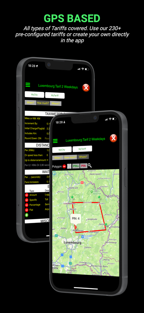 Taximeter-GPS - Interface da aplicação de taxímetro exibindo definições de tarifas personalizadas e um mapa de zonas geográficas para cálculo automático de tarifas.