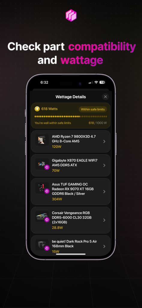 BuildCores app displaying PC part compatibility and total system wattage calculation