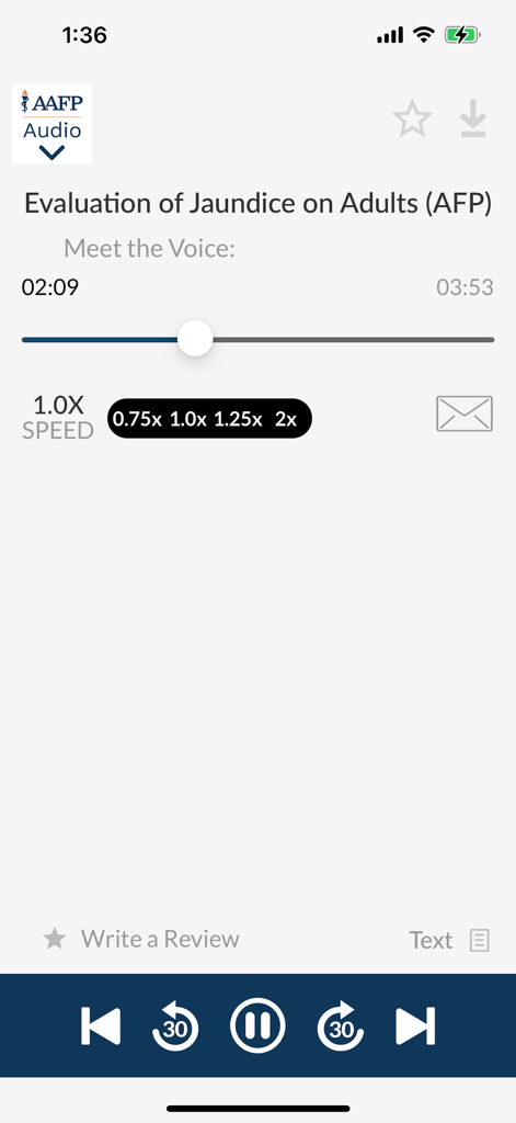 AAFP Audio - AAFP Audio app interface showing the playback screen for a medical article titled Evaluation of Jaundice on Adults with audio controls and speed settings.