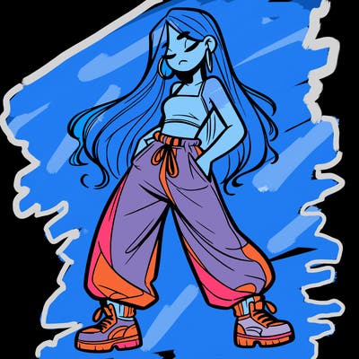 girl in baggy pants crop top and long hair