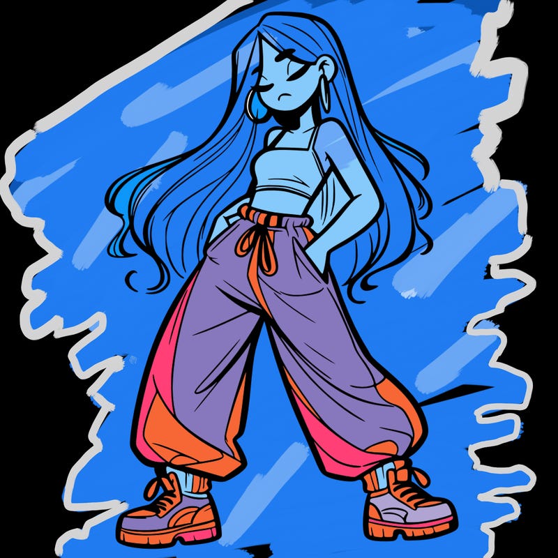 girl in baggy pants crop top and long hair