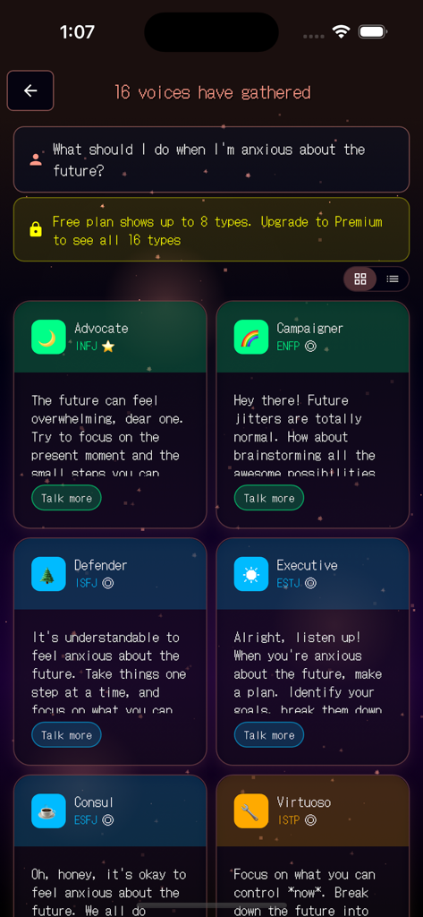 16 Voices – MBTI × Chat - A screenshot of the 16 Voices app showing multiple MBTI personality types like Advocate and Campaigner giving advice on anxiety.