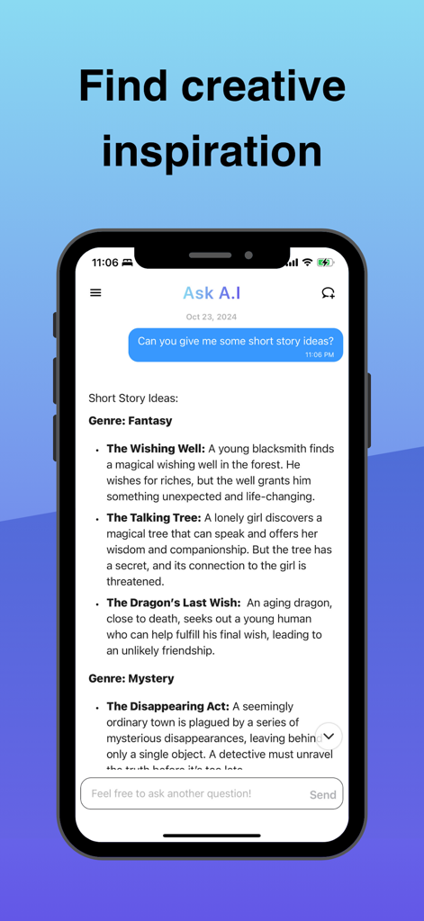 Ask A.I app screen showing creative short story ideas for fantasy and mystery genres.