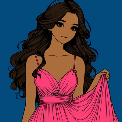 realistic girl in flowy silky prom dress