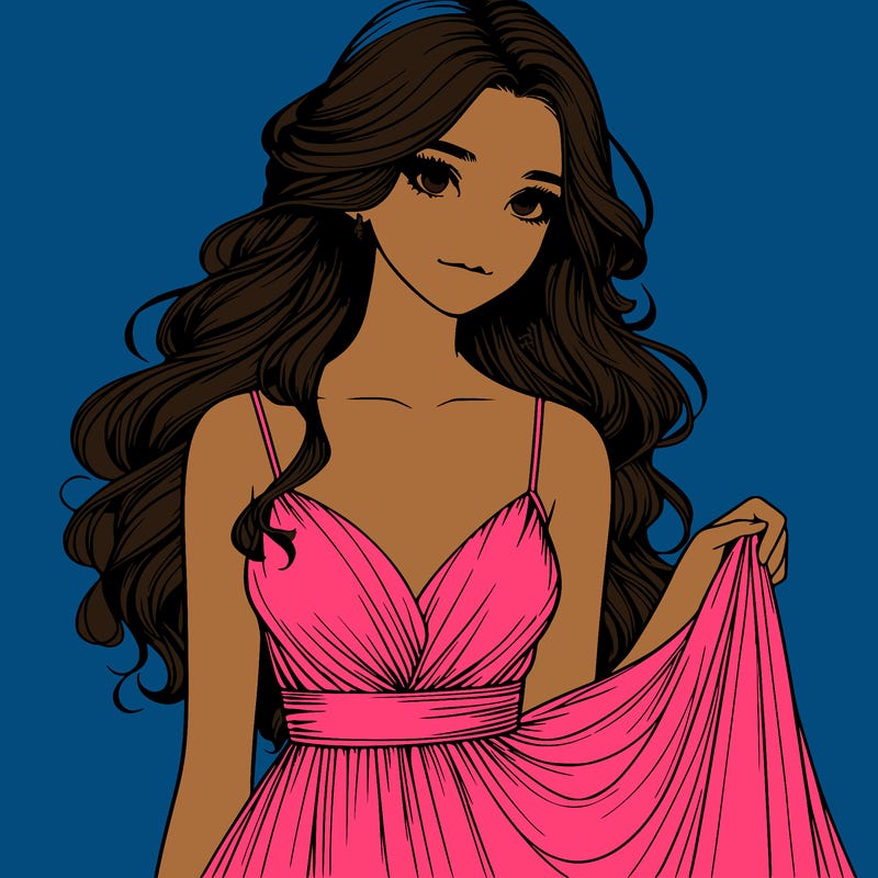 realistic girl in flowy silky prom dress
