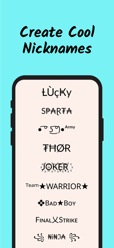 Nickname Fire: Nickfinder App - Uno schermo mobile che mostra vari stili di soprannomi creativi utilizzando font e simboli unici per il gaming e i social media.