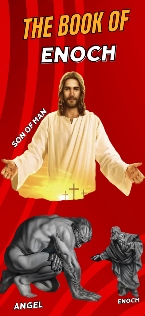 Book of Enoch & Audio - Pantalla introductoria de la aplicación Libro de Enoc con ilustraciones de Jesucristo como el Hijo del Hombre, un ángel y Enoc sobre un fondo rojo