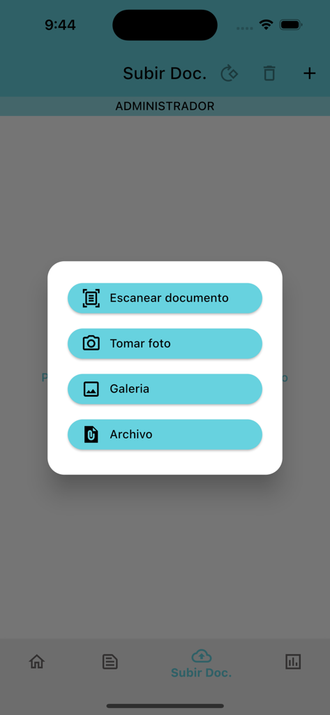 Connect Matrix - Connect Matrix mobile interface showing document upload options including scan document take photo gallery and file