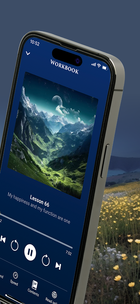 A Course in Miracles Audio - A mobile app interface displaying the audio playback screen for Lesson 66 of A Course in Miracles workbook with a serene mountain landscape.