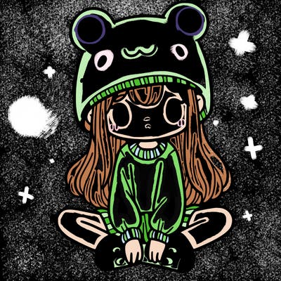 a girl wearing a frog hat and some frog socks