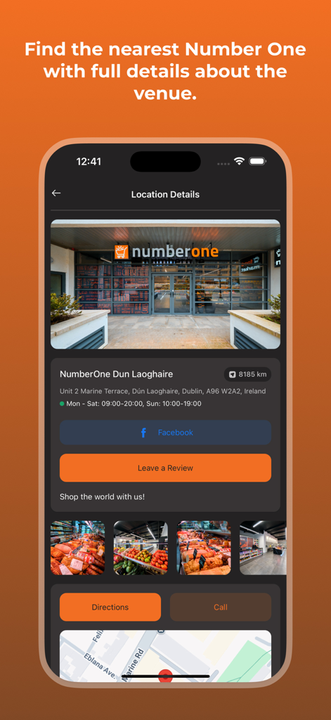 NR1 Rewards App-Oberfläche mit Details zum Geschäftssitz von NumberOne Food Market, einschließlich Adresse, Öffnungszeiten und Karte