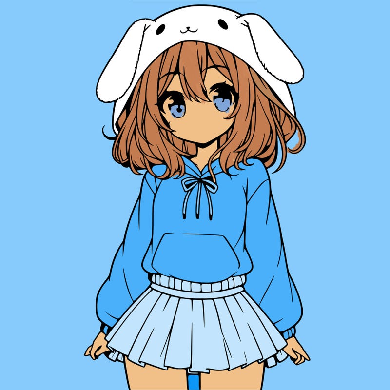 pretty anime girl wearing a fluffy hoodie with bunny ears on the hood and a skirt