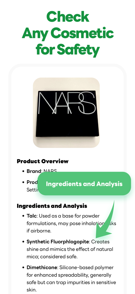 Skincare AI: Skin Care Scanner - Pantalla de aplicación móvil que muestra una verificación de seguridad de ingredientes cosméticos con análisis detallado de los componentes del producto