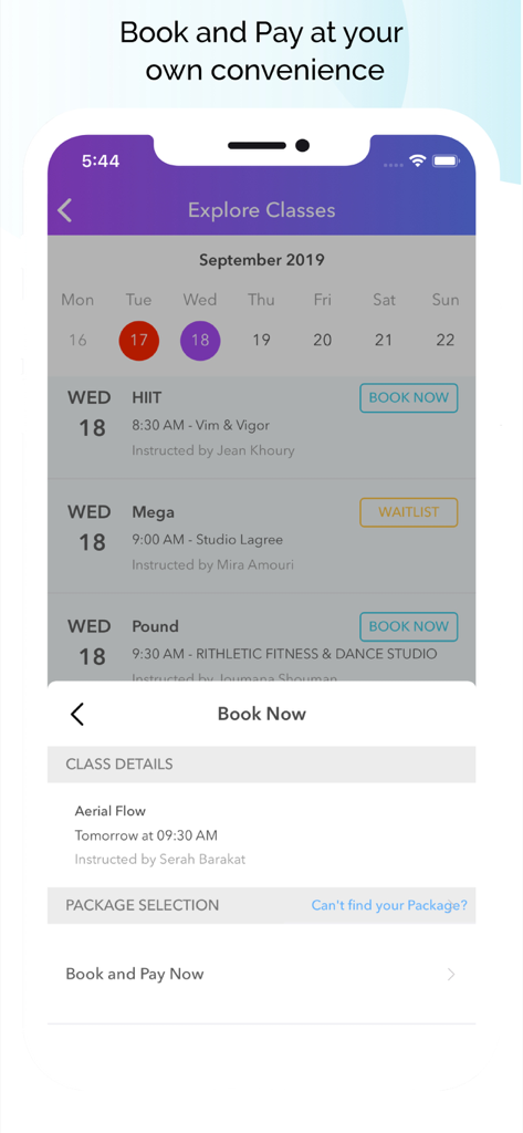 ブティックフィットネスクラスを探索し予約するためのIn2モバイルアプリのインターフェース
