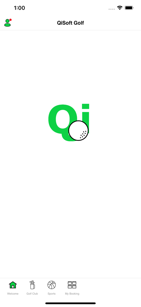 The welcome screen of the QiSoft Golf app featuring the company logo and a bottom navigation menu with options for Golf Club, Sports, and My Booking.