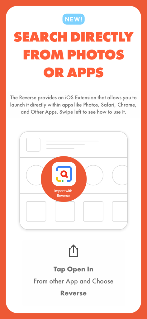 Reverse - Image Search - 写真アプリやその他のモバイルアプリケーションから直接画像を検索するためのリバースイメージ検索iOS拡張機能の使用方法を説明するスクリーンショット