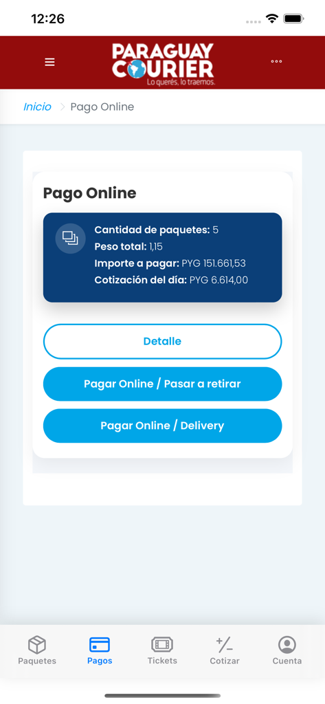 Paraguay Courier SRL - Online payment screen in the Paraguay Courier app showing details for five packages and payment options.