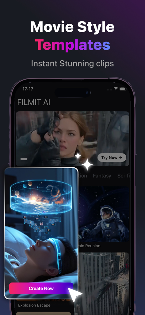 Filmit AI: AI Video Generator - Filmit AI app interface showcasing cinematic movie style templates for instant video generation on a smartphone.