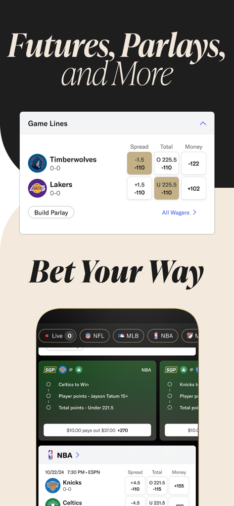 BetMGM - Sportsbook & Casino - BetMGM Sportsbook app interface showcasing NBA game lines and same game parlay betting options