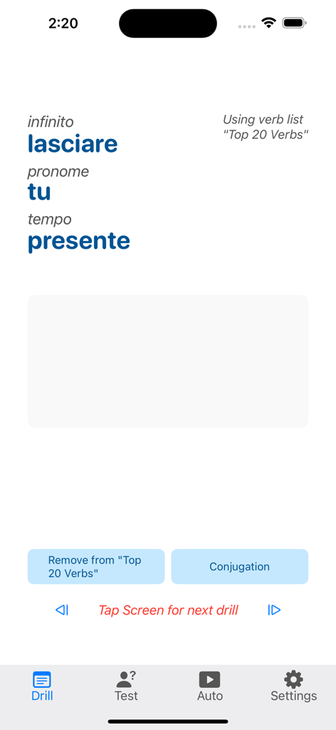 Bildschirm für die Übung italienischer Verbkonjugationen für das Verb lasciare im Präsens