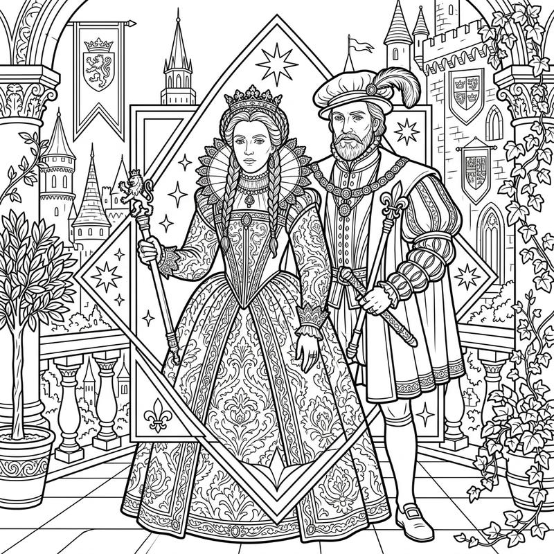 Step into the lavish world of Renaissance royalty with this captivating coloring page designed especially for teens. Featuring intricate details of powerful rulers and their grand surroundings, it's a perfect blend of history and artistic expression.