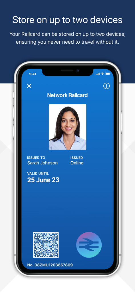 A digital Network Railcard pass displayed on a smartphone screen featuring a user photo and a QR code.