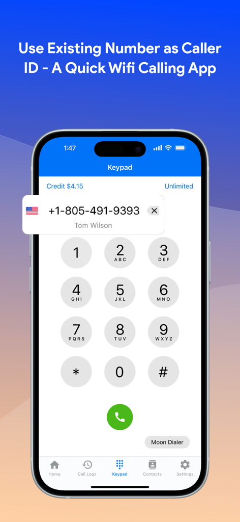 WiFi Phone Call by Moon Dialer - Smartphone-Bildschirm, der die Moon Dialer App-Tastatur mit einer US-Telefonnummer als Anrufer-ID für WLAN-Anrufe zeigt.