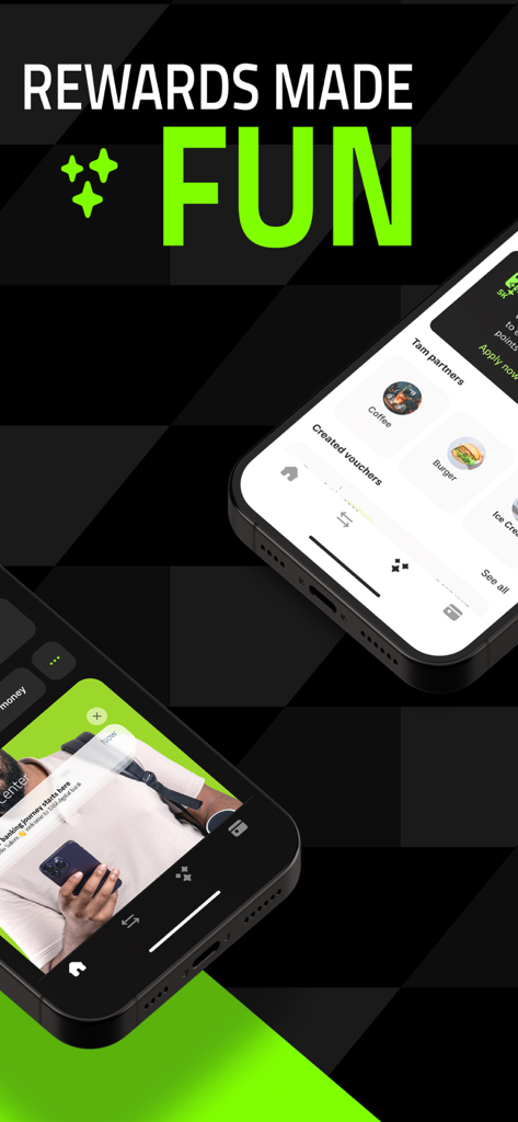 Tam - Digital Banking - Uma tela promocional para o aplicativo de digital banking Tam destacando seu programa de recompensas divertido e interface móvel focada em estilo de vida.