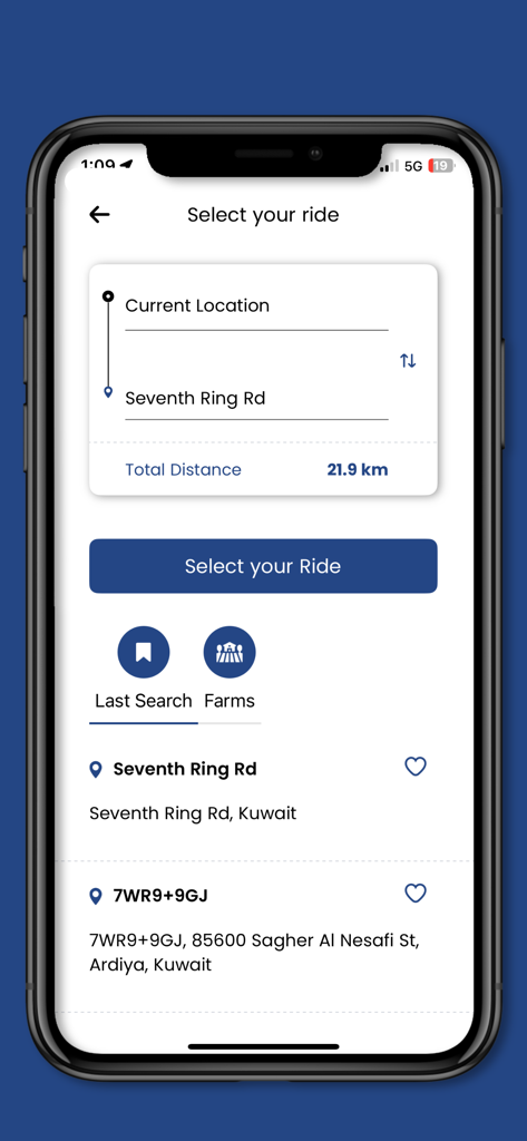 Sagor - Sagor app screen for selecting a ride showing destination details and route distance.