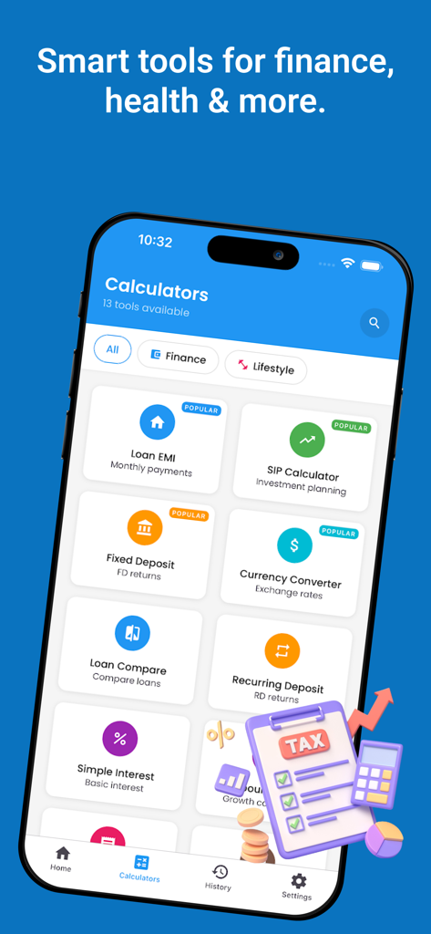 All In One Calculators - Panel principal de la aplicación Calculadoras Todo en Uno que muestra herramientas financieras y de estilo de vida