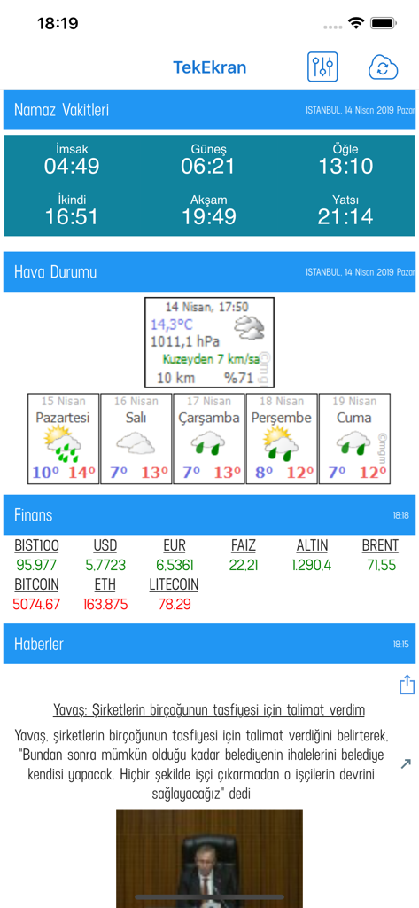 Tek Ekran - Gerekli Bilgiler - Panel de control de la aplicación Tek Ekran que muestra los tiempos de oración, el clima, las noticias y los datos financieros en una sola pantalla