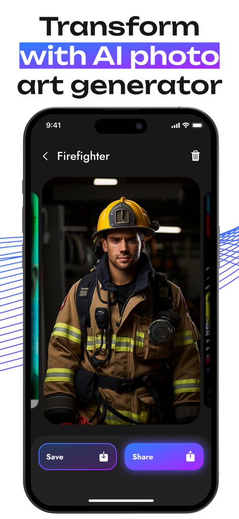 Avatarro - AI Art Avatar Maker - A smartphone screen displaying an AI-generated photo of a man in a firefighter uniform using the Avatarro app.