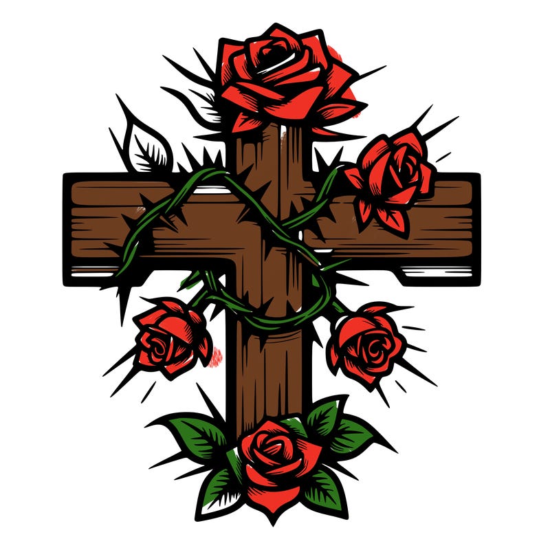 cross with roses and thorns