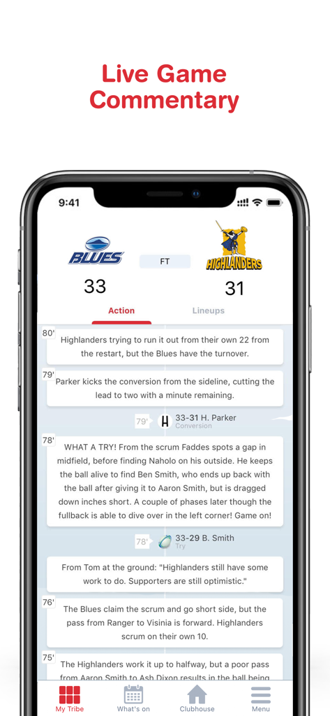 Tribe: Live Sports Scores - Commentaires de rugby en direct action par action sur l'application de sport Tribe