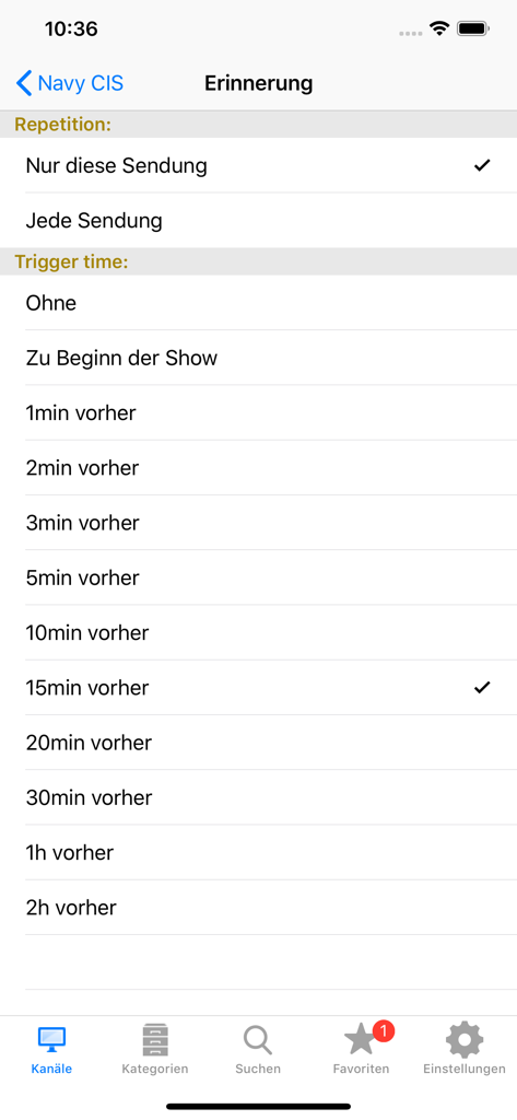German TV app reminder settings screen showing alert trigger time options